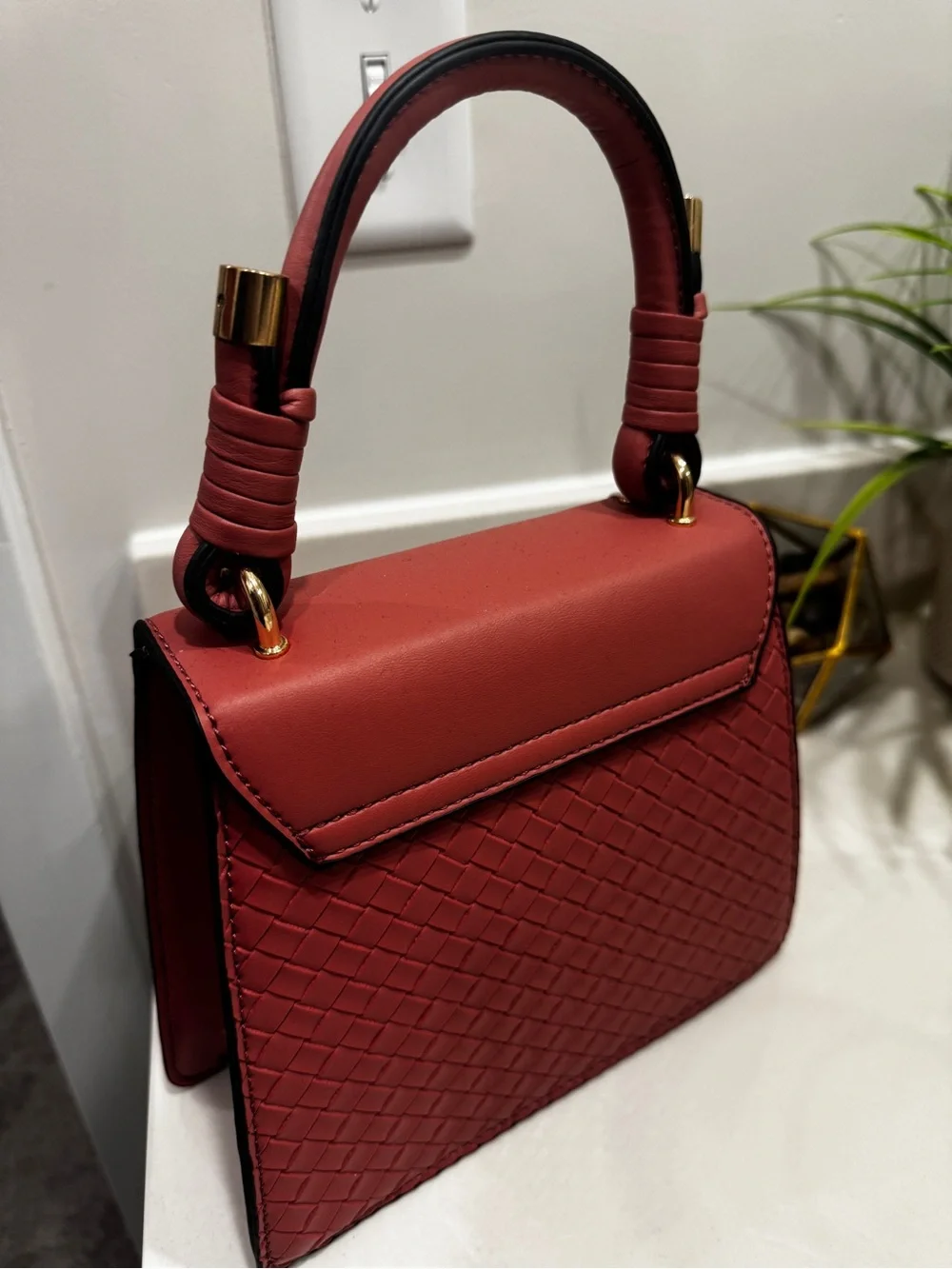 Stylish Woven-Accent Top Handle Bag in Blush pink (it’s not red)
